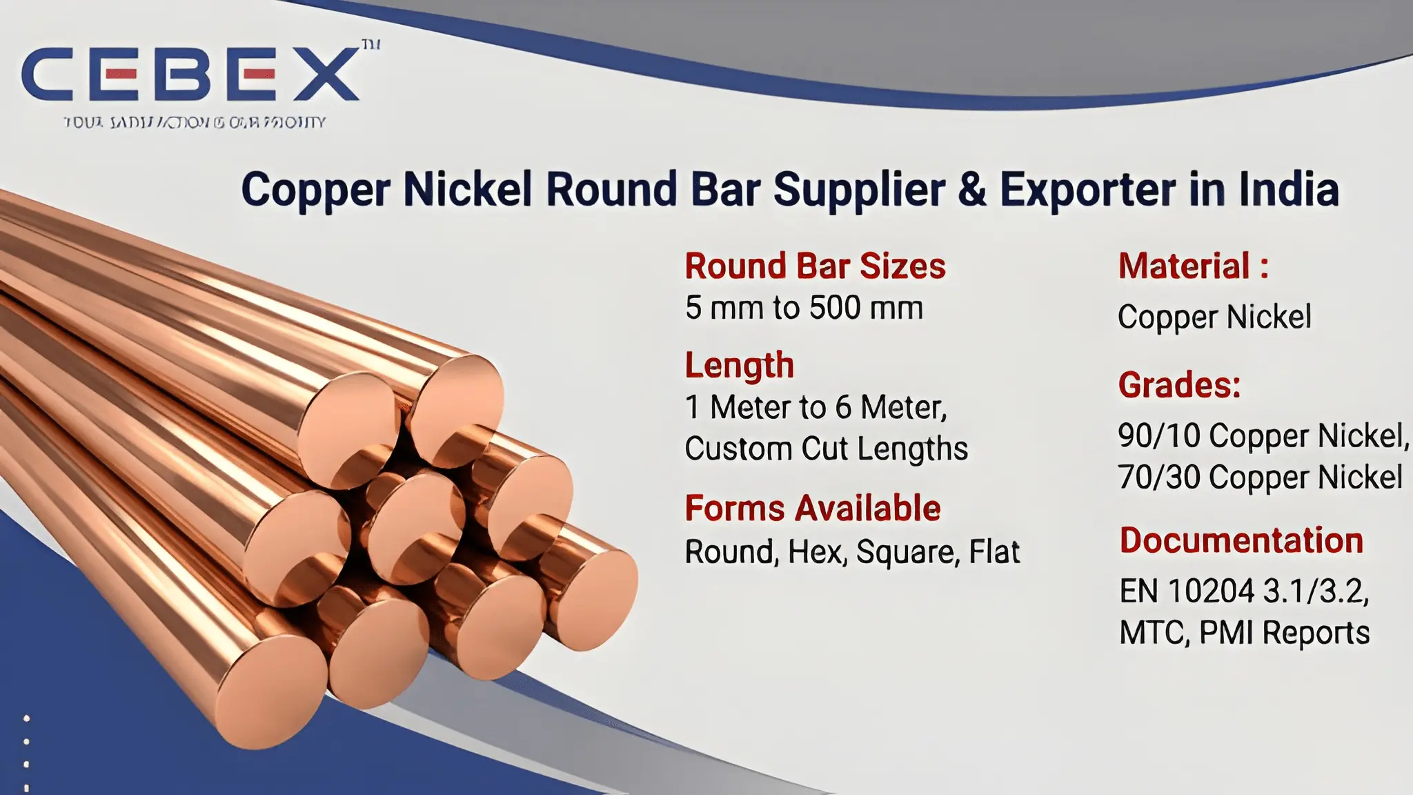 Copper Nickel Round Bar Supplier & Exporter in India – ASTM B151 90/10 70/30 Cu-Ni | Cebex Steel India