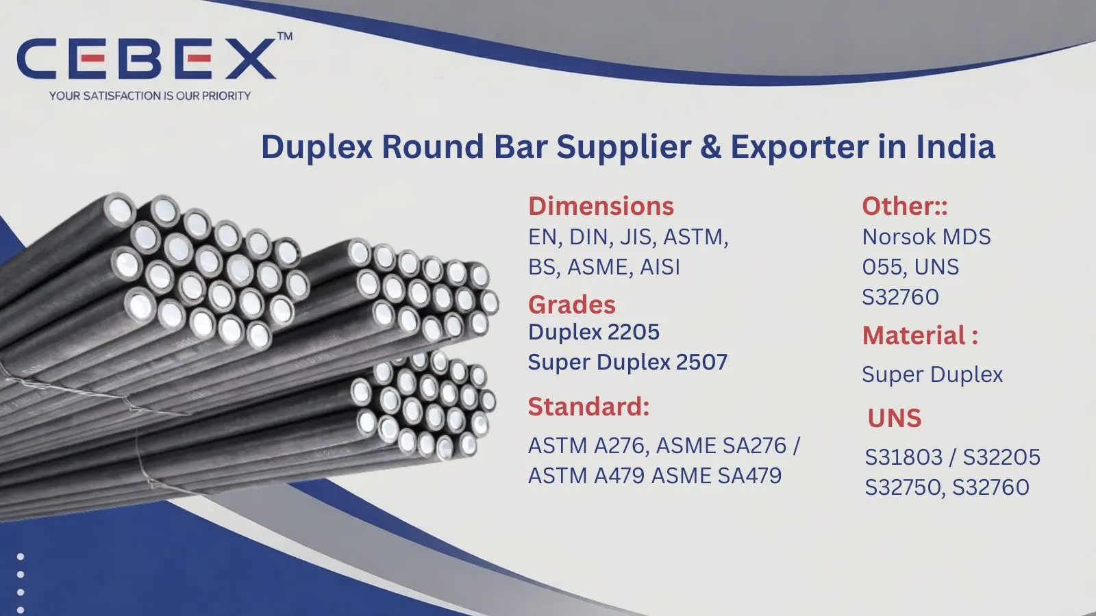 Duplex Steel 2205 Round Bar Supplier & Exporter in India – ASTM A276 Duplex 2205 & Super Duplex 2507 | Cebex Steel India