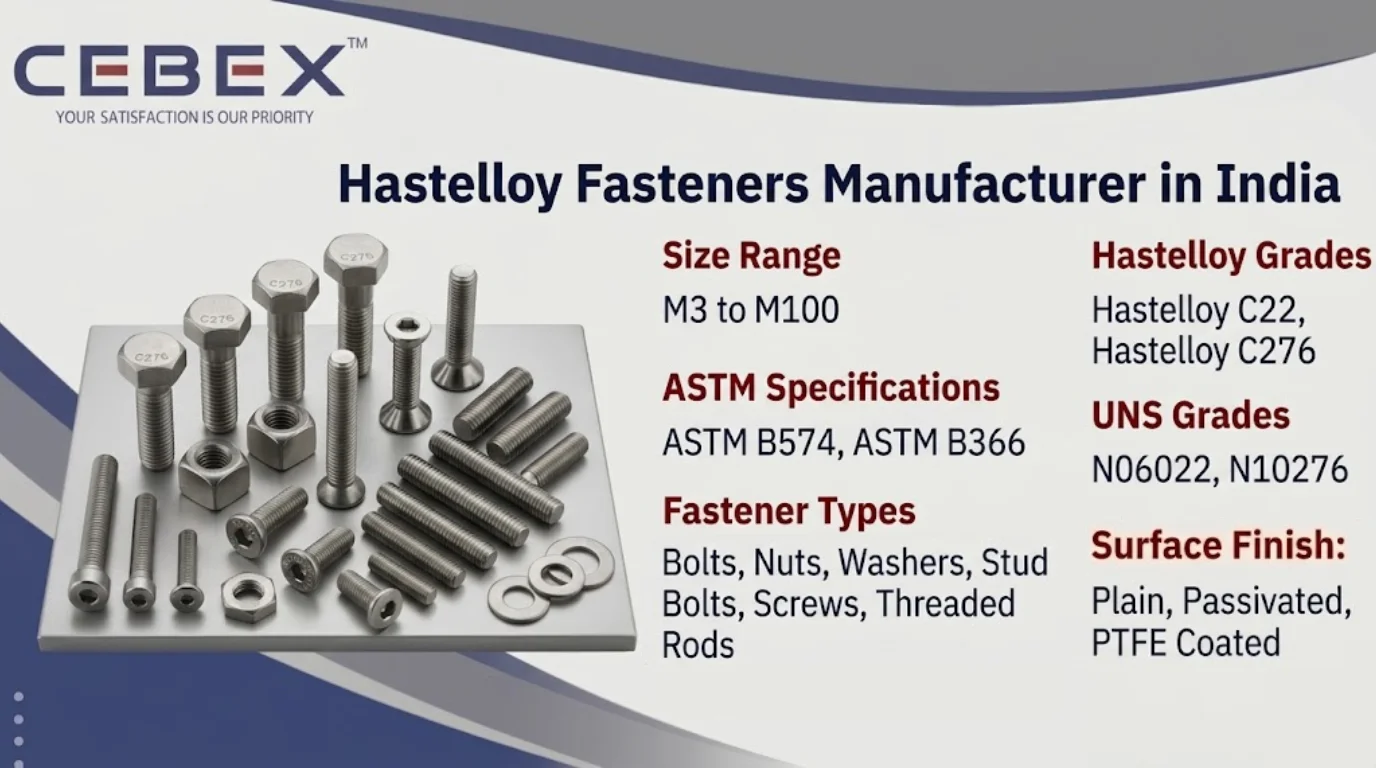 Hastelloy Fasteners Manufacturer in India – ASTM B574 Hastelloy C22 & C276 Bolts, Nuts & Stud Bolts | Cebex Steel India