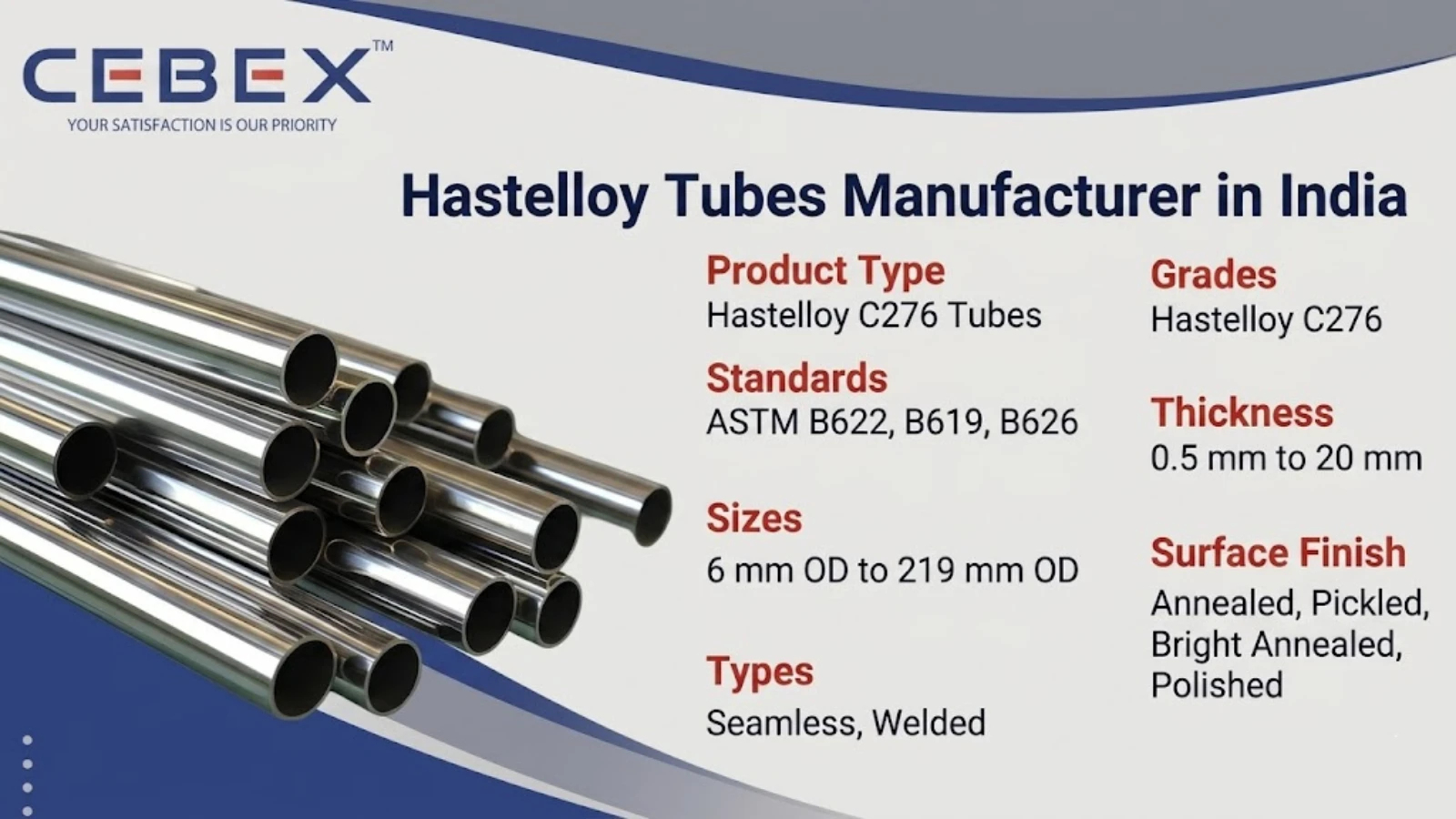 Hastelloy C276 Tube Manufacturer in India – Seamless & Welded ASTM B622 Tubes | Cebex Steel India