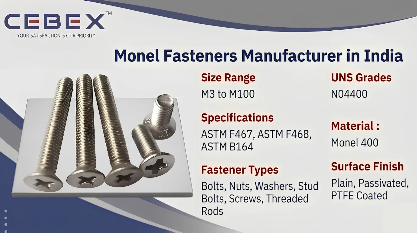 Monel Fasteners Manufacturer in India – ASTM F467 / F468 Monel 400 Bolts, Nuts & Stud Bolts | Cebex Steel India