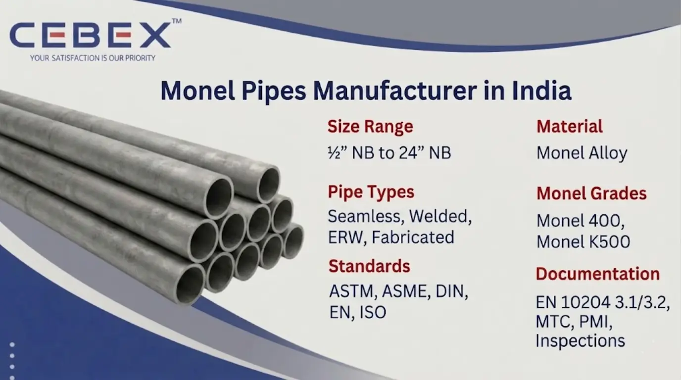 Monel Pipe Manufacturer in India – ASTM B165 Monel 400 & K500 Pipes | Cebex Steel India