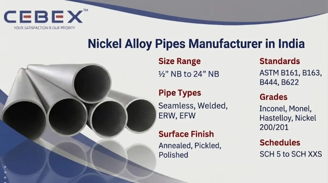 Nickel Alloy Pipe Manufacturer in India – ASTM B161 Nickel Alloy Pipes | Cebex Steel India