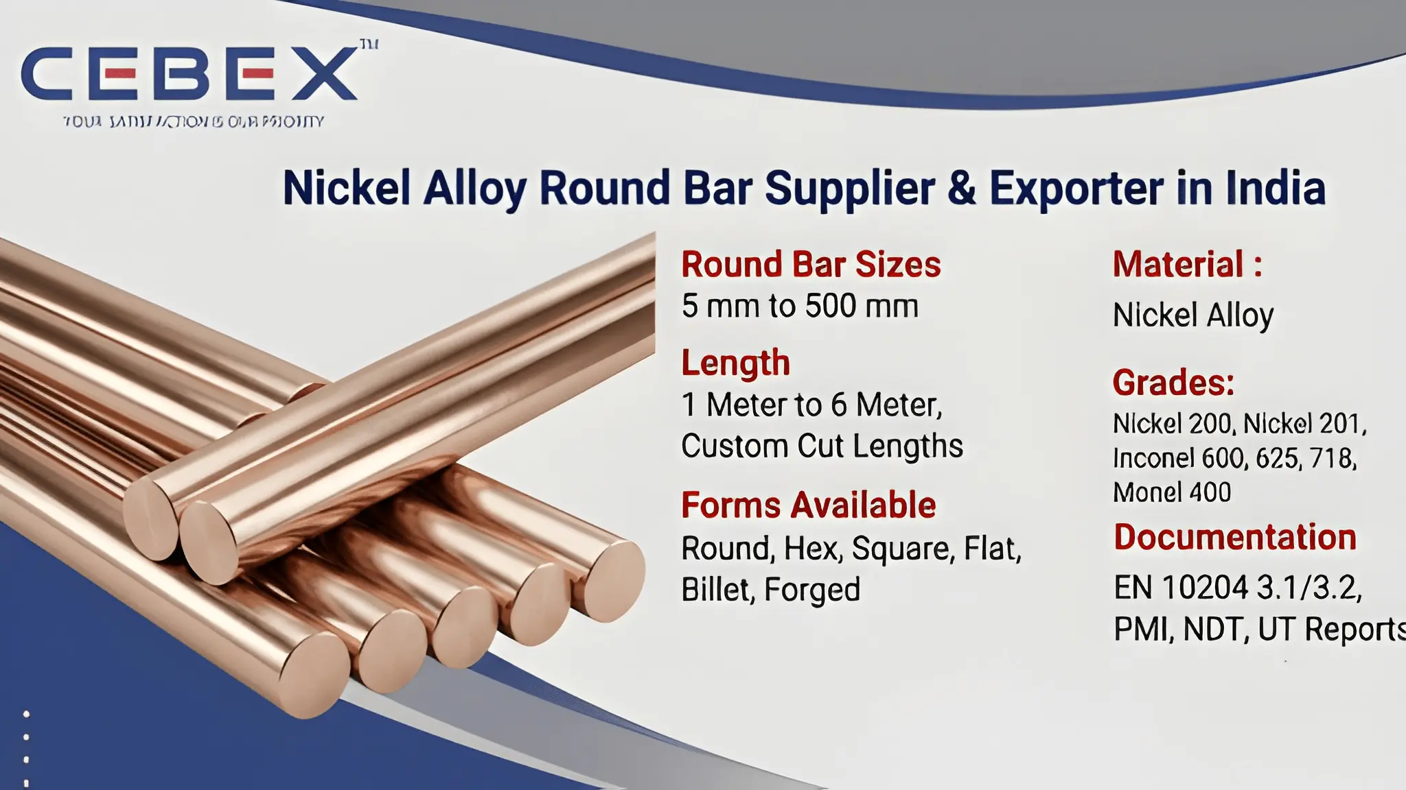Nickel Alloy Round Bar Supplier & Exporter in India – ASTM B160 Nickel 200, 201 | Cebex Steel India