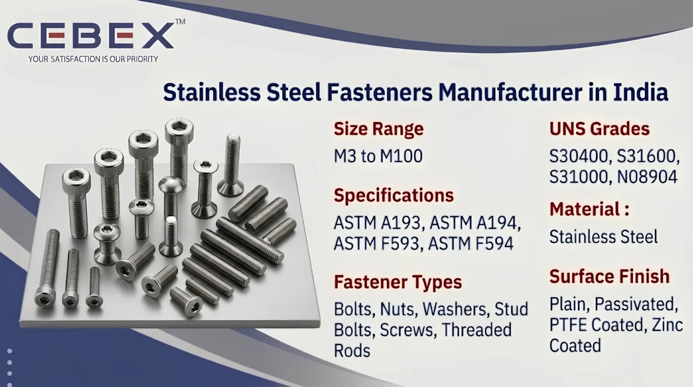 Stainless Steel Fasteners Manufacturer in India – ASTM A193 SS 304, 316, 316L Bolts, Nuts & Stud Bolts | Cebex Steel India