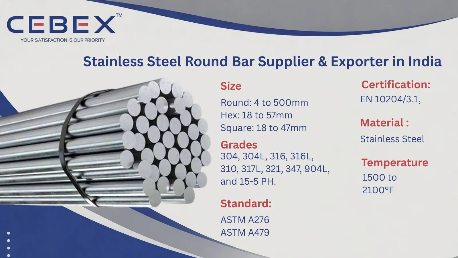 Stainless Steel Round Bar Supplier & Exporter in India – ASTM A276 Grades 304, 316, 321 | Cebex Steel India