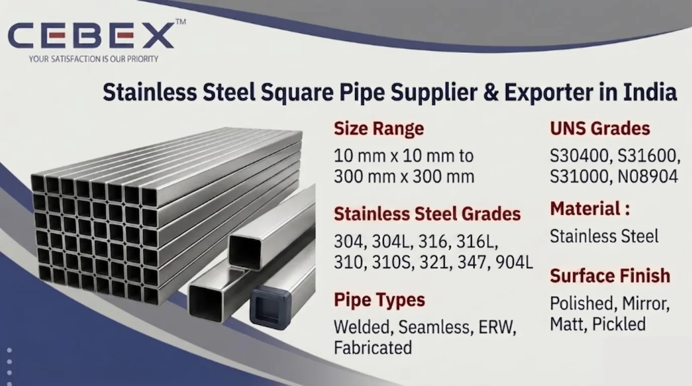 CEBEX STEEL INDIA Stainless Steel Square Pipe Supplier & Exporter in India – ASTM A554 SS 304, 316 Square Pipes
